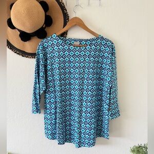 Chico's Blue Boho Geo Print Drop Shoulder 3/4 Sleeve Cotton Blend Tunic Top NWT